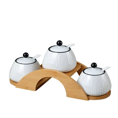 Recipiente de Condimento de Porcelana com Tampas de Bambu